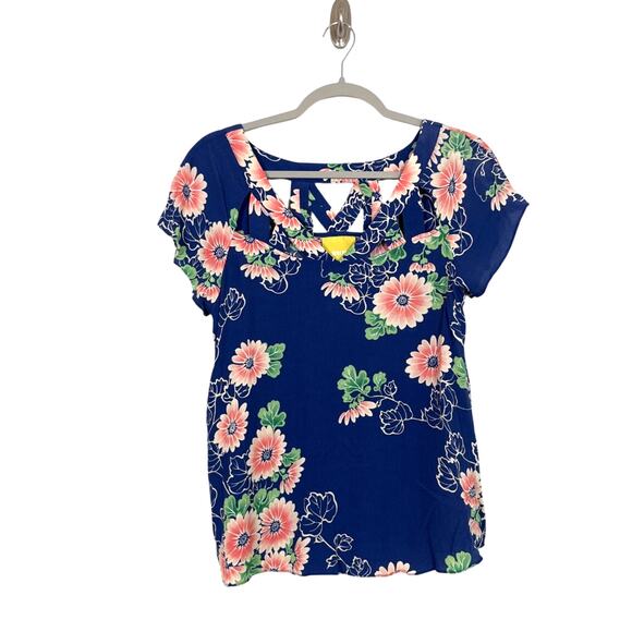 Anthropologie Maeve Blue Floral w/ Cutouts Short Sleeve Blouse Size 8 Boho - Picture 1 of 7